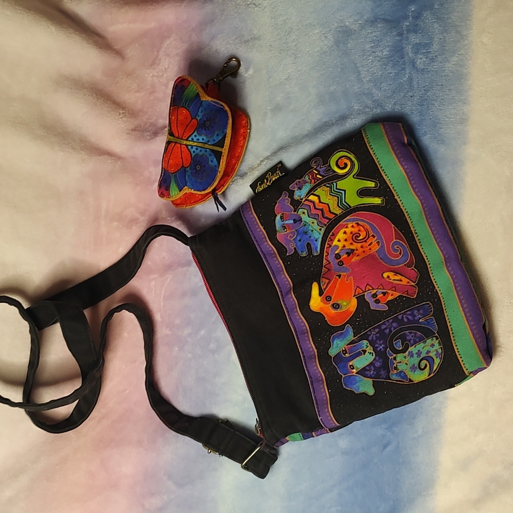 Laurel Burch Mythical Dog & Doggies Crossbody Purse W/ Butterfly Coin Purse!